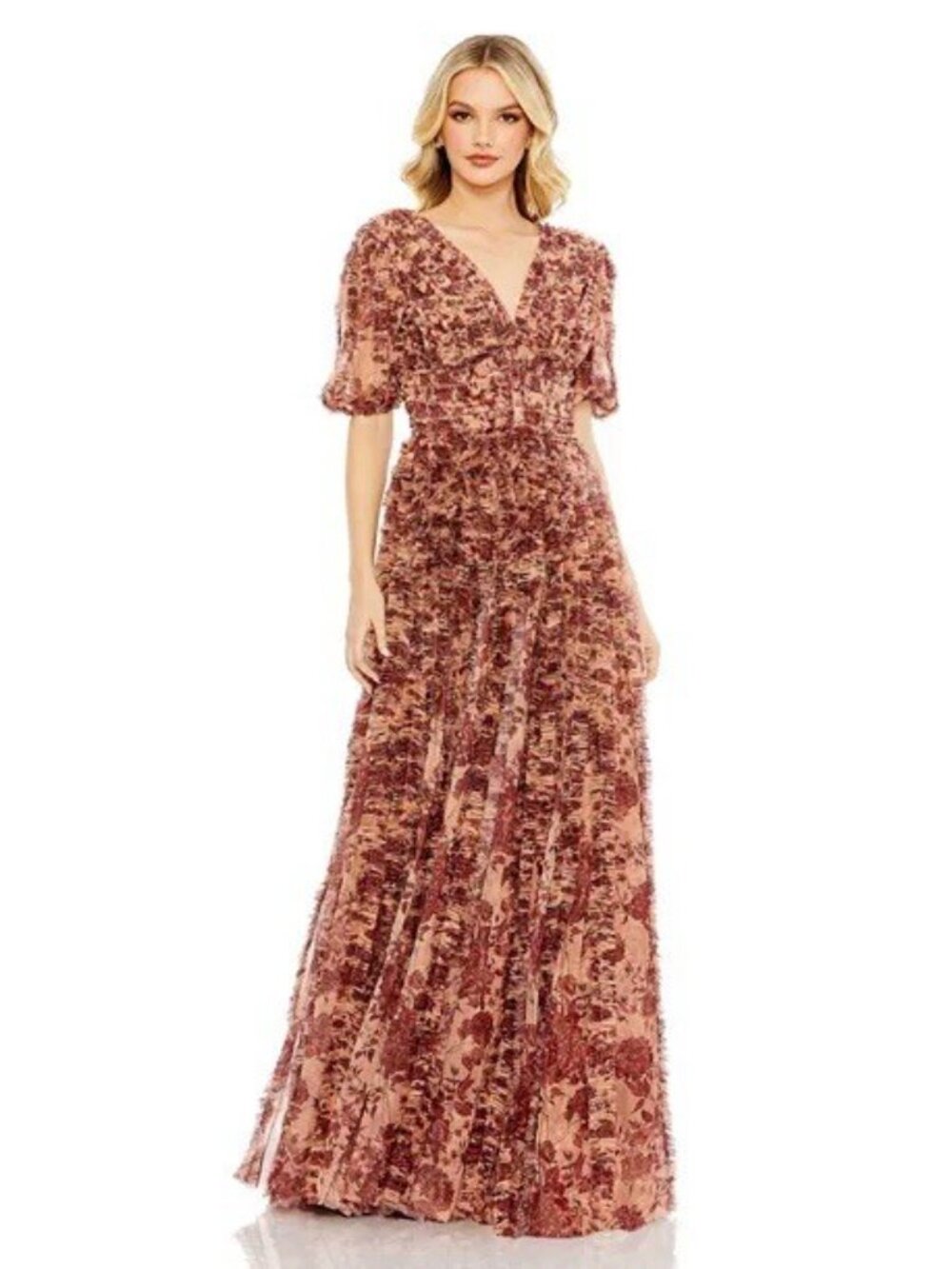 MAC DUGGAL Size 6 Orange Rose Floral 8013 V-Neck Ruffles Maxi Gown Dress NWT - Picture 2 of 15